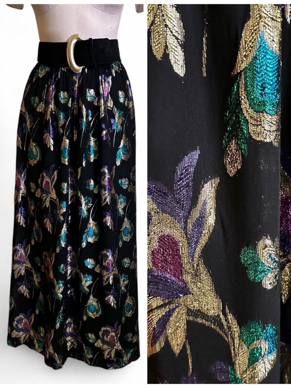 Vintage 80s 90s Metallic Floral Maxi Skirt by Doncaster in Black, Gold, Purple